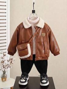 SHEIN 男嬰卡通圖案保暖內裡時尚百搭日常休閒長袖外套 秋冬返校服 - 棕色 - 查看 11