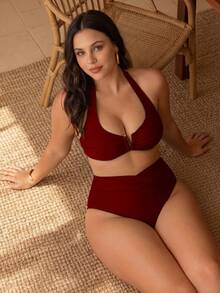 Swim Chiccia 2026 New Spring/Summer Sexy Deep V-Neck Solid Color Bikini Set, Beach Wear - Burgundy - View 4