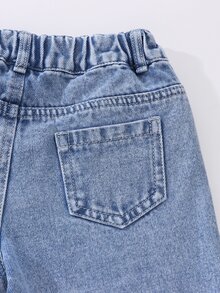 SHEIN Genkimix Kids 女童愛心刺繡破洞寬腿牛仔褲 全季百搭甜美牛仔女孩西式復古風淺藍水洗休閒夏季牛仔褲 - 淺色水洗藍 - 查看 7
