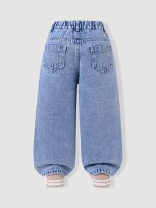 SHEIN Genkimix Kids 女童愛心刺繡破洞寬腿牛仔褲 全季百搭甜美牛仔女孩西式復古風淺藍水洗休閒夏季牛仔褲 - 淺色水洗藍 - 查看 3