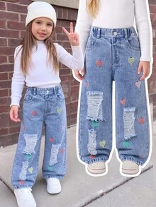 SHEIN Genkimix Kids 女童愛心刺繡破洞寬腿牛仔褲 全季百搭甜美牛仔女孩西式復古風淺藍水洗休閒夏季牛仔褲 - 淺色水洗藍 - 查看 4
