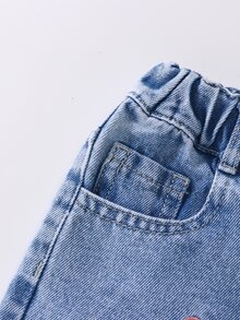SHEIN Genkimix Kids 女童愛心刺繡破洞寬腿牛仔褲 全季百搭甜美牛仔女孩西式復古風淺藍水洗休閒夏季牛仔褲 - 淺色水洗藍 - 查看 6