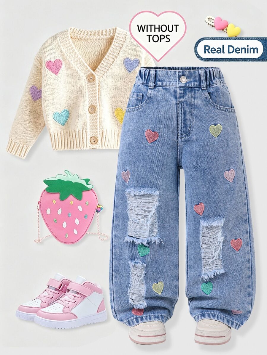 SHEIN Genkimix Kids 女童愛心刺繡破洞寬腿牛仔褲 全季百搭甜美牛仔女孩西式復古風淺藍水洗休閒夏季牛仔褲
