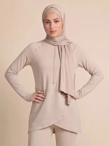 With My Calm With My Calm Women's Spring Summer Autumn Premium Outdoor New Slimming High Neck Half-Zip Textured Long Sleeve Loose Fit Hooded Drawstring Training Running Workout Top - Khaki - View 4