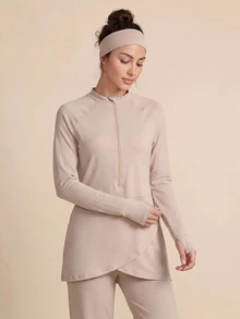 With My Calm With My Calm Women's Spring Summer Autumn Premium Outdoor New Slimming High Neck Half-Zip Textured Long Sleeve Loose Fit Hooded Drawstring Training Running Workout Top - Khaki - View 3
