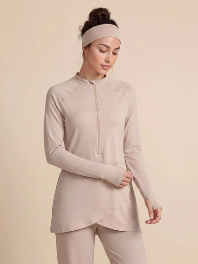 With My Calm With My Calm Women's Spring Summer Autumn Premium Outdoor New Slimming High Neck Half-Zip Textured Long Sleeve Loose Fit Hooded Drawstring Training Running Workout Top