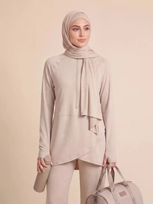 With My Calm With My Calm Women's Spring Summer Autumn Premium Outdoor New Slimming High Neck Half-Zip Textured Long Sleeve Loose Fit Hooded Drawstring Training Running Workout Top - Khaki - View 1