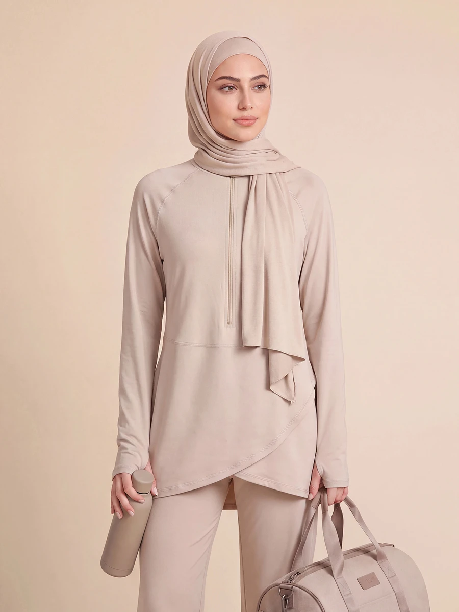 With My Calm With My Calm Women's Spring Summer Autumn Premium Outdoor New Slimming High Neck Half-Zip Textured Long Sleeve Loose Fit Hooded Drawstring Training Running Workout Top - Khaki - View 1