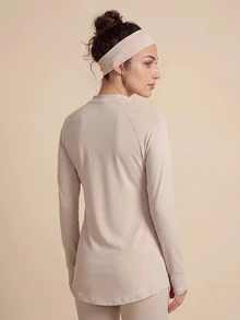 With My Calm With My Calm Women's Spring Summer Autumn Premium Outdoor New Slimming High Neck Half-Zip Textured Long Sleeve Loose Fit Hooded Drawstring Training Running Workout Top - Khaki - View 2