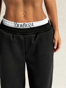 StreetHx Women's Fashion Embroidered Letter Colorblock Elastic Waist & Cuffed Leg Drawstring Sports Pants - Black - View 7