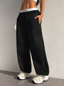 StreetHx Women's Fashion Embroidered Letter Colorblock Elastic Waist & Cuffed Leg Drawstring Sports Pants - Black - View 1