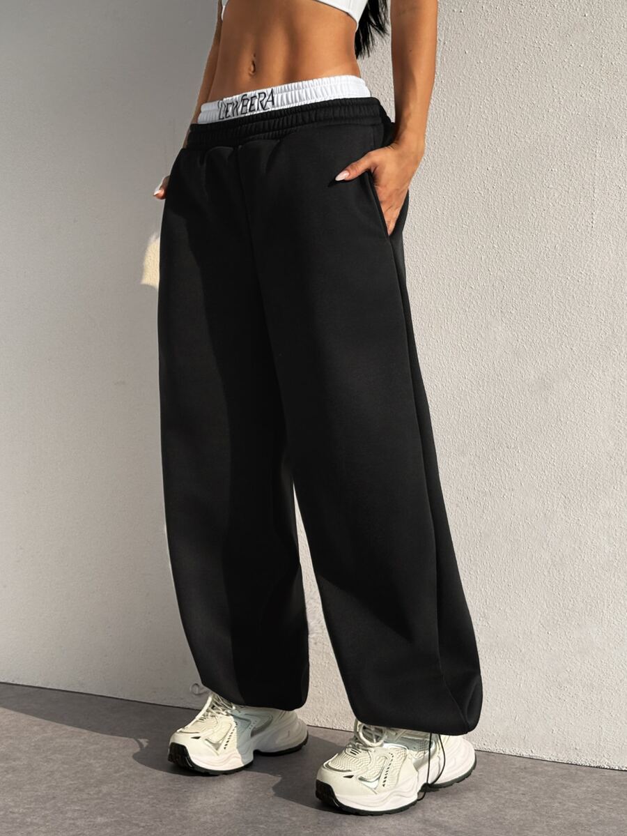 StreetHx Women's Fashion Embroidered Letter Colorblock Elastic Waist & Cuffed Leg Drawstring Sports Pants - Black - View 1