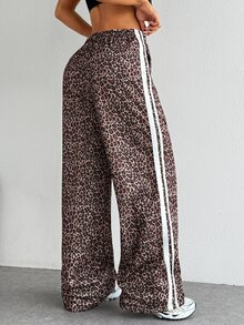 StreetHx Celana Panjang Olahraga Wanita Kasual Motif Leopard dengan Patchwork Webbing untuk Musim Gugur/Dingin - Coklat - View 5