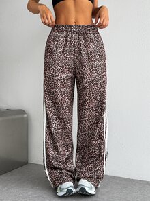 StreetHx Celana Panjang Olahraga Wanita Kasual Motif Leopard dengan Patchwork Webbing untuk Musim Gugur/Dingin - Coklat - View 4