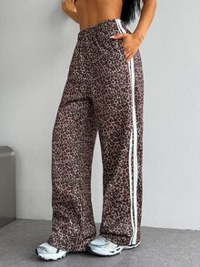 StreetHx Celana Panjang Olahraga Wanita Kasual Motif Leopard dengan Patchwork Webbing untuk Musim Gugur/Dingin - Coklat - View 1