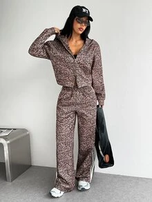 StreetHx Women's Autumn/Winter Leopard Print Fashion Loose Hooded Sweatshirt Jacket - Brown - View 2