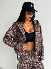 StreetHx Women's Autumn/Winter Leopard Print Fashion Loose Hooded Sweatshirt Jacket - Brown - View 4