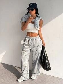 SHEIN Dewbera Women's Fashion Versatile Polka Dot Loose Fit Autumn/Winter Sports Long Pants - Grey - View 2