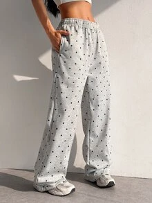 SHEIN Dewbera Women's Fashion Versatile Polka Dot Loose Fit Autumn/Winter Sports Long Pants - Grey - View 4