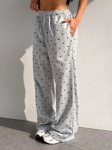 SHEIN Dewbera Women's Fashion Versatile Polka Dot Loose Fit Autumn/Winter Sports Long Pants - Grey - View 5