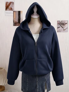 SHEIN Sparklyn 秋冬季青少年女孩連帽拉鍊夾克－混搭街頭風運動衫，保暖針織面料，適合秋冬穿著 - 藏蓝色 - 查看 3