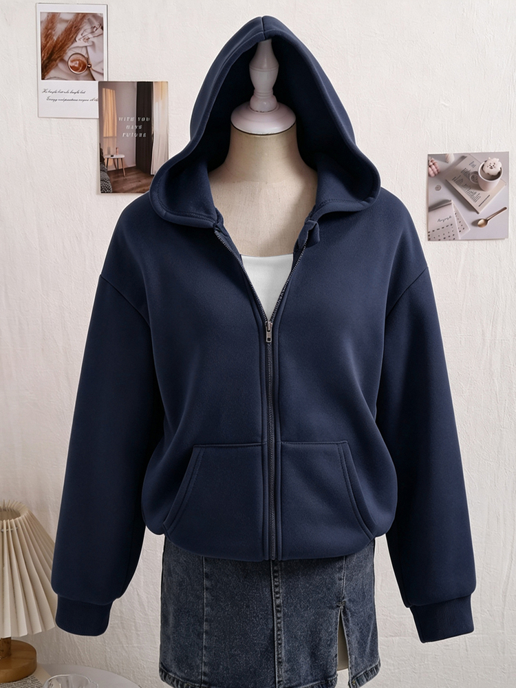 SHEIN Sparklyn Autumn/Winter Tween Girls' Hooded Zip-Up Jacket - Mix & Match Street Style, Sweatshirt, Fall Clothes, Warm Knit Fabric Suitable For Autumn/Winter - Navy Blue - View 3