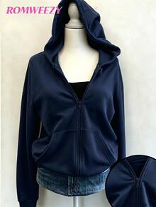 SHEIN Sparklyn 秋冬季青少年女孩連帽拉鍊夾克－混搭街頭風運動衫，保暖針織面料，適合秋冬穿著 - 藏蓝色 - 查看 1