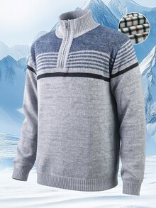 Manfinity Homme 男士條紋長袖半拉鍊休閒毛衣 - 灰色 - 查看 7