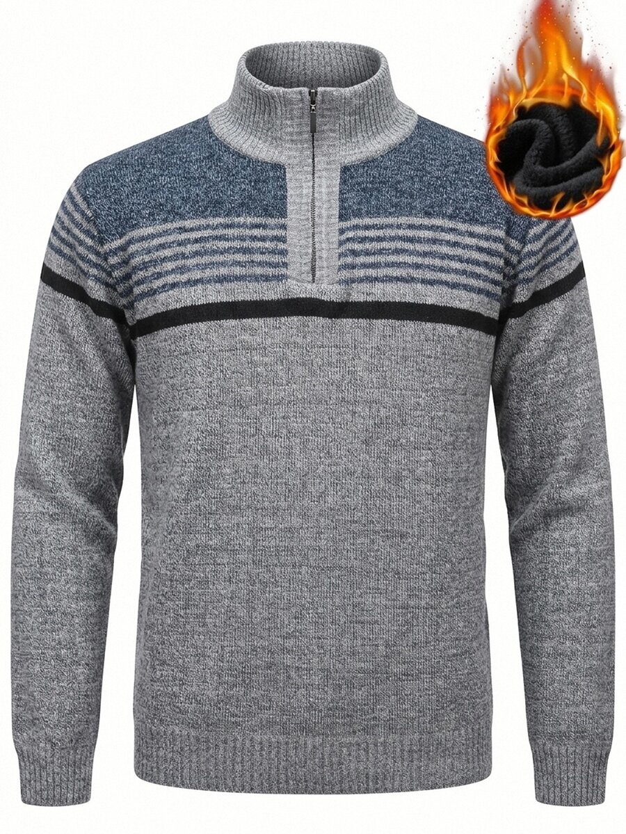 Manfinity Homme Men's Striped Long Sleeve Half-Zip Casual Sweater - Grey - View 1