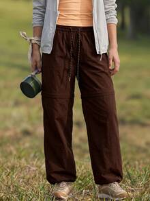 WanderVale Women's Drawstring Waist Pockets Casual Versatile Daily Wear Hiking Pants - Coffee Brown - View 3