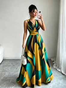 Elenzga Novo Vestido Longo Feminino Vintage Primavera/Verão, Estilo Francês Elegante, Design de Férias, Decote V Cruzado, Sem Mangas, Cintura Marcada, Efeito Emagrecedor e Alongador, Iluminador, Evasê, Casual para Dia a Dia, Encontro e Praia - Multicolorido - Visão 1