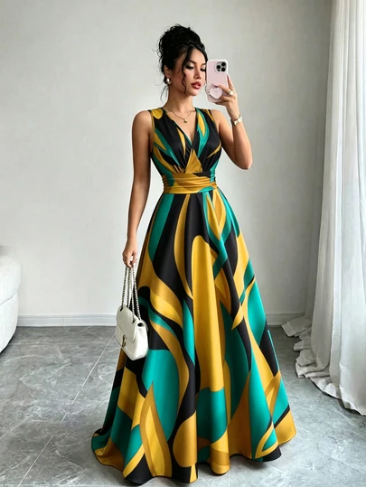 Elenzga Novo Vestido Longo Feminino Vintage Primavera/Verão, Estilo Francês Elegante, Design de Férias, Decote V Cruzado, Sem Mangas, Cintura Marcada, Efeito Emagrecedor e Alongador, Iluminador, Evasê, Casual para Dia a Dia, Encontro e Praia