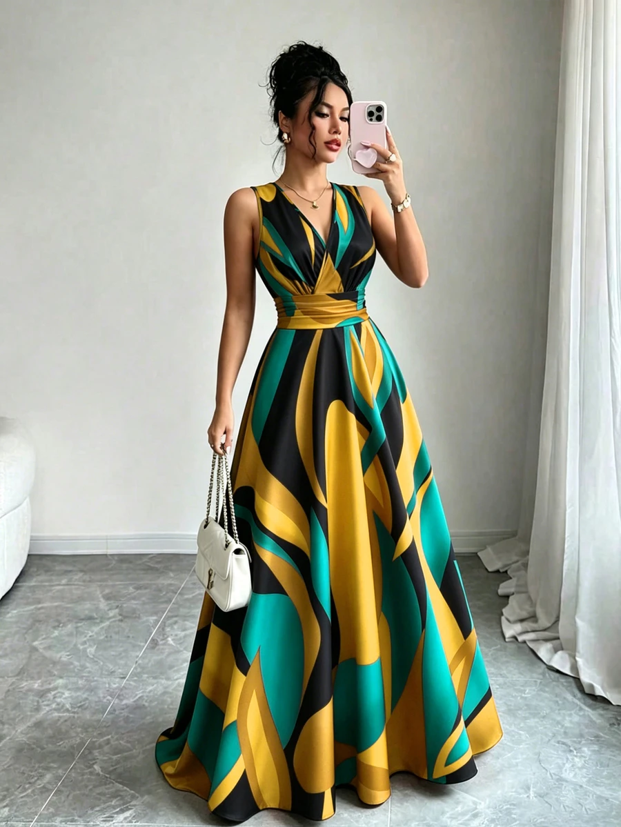 Elenzga Novo Vestido Longo Feminino Vintage Primavera/Verão, Estilo Francês Elegante, Design de Férias, Decote V Cruzado, Sem Mangas, Cintura Marcada, Efeito Emagrecedor e Alongador, Iluminador, Evasê, Casual para Dia a Dia, Encontro e Praia - Multicolorido - Visão 1