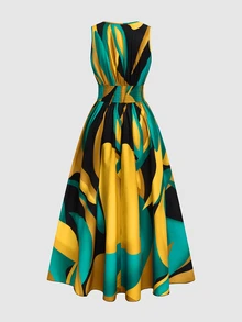 Elenzga Novo Vestido Longo Feminino Vintage Primavera/Verão, Estilo Francês Elegante, Design de Férias, Decote V Cruzado, Sem Mangas, Cintura Marcada, Efeito Emagrecedor e Alongador, Iluminador, Evasê, Casual para Dia a Dia, Encontro e Praia - Multicolorido - Visão 2