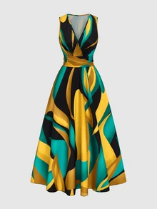 Elenzga Novo Vestido Longo Feminino Vintage Primavera/Verão, Estilo Francês Elegante, Design de Férias, Decote V Cruzado, Sem Mangas, Cintura Marcada, Efeito Emagrecedor e Alongador, Iluminador, Evasê, Casual para Dia a Dia, Encontro e Praia - Multicolorido - Visão 3