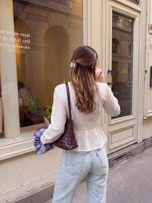 Serisse Women's Elegant Commute Solid Color Lace Patchwork Blouse - Apricot - View 6