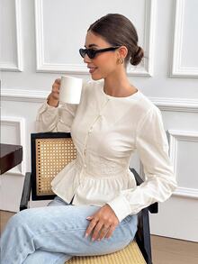 Serisse Women's Elegant Commute Solid Color Lace Patchwork Blouse - Apricot - View 8