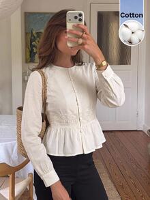 Serisse Women's Elegant Commute Solid Color Lace Patchwork Blouse - Apricot - View 1