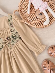 SHEIN Babygirl Cute Khaki Floral Print Long Sleeve Dress - Khaki - View 3