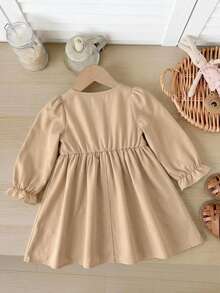 SHEIN Babygirl Cute Khaki Floral Print Long Sleeve Dress - Khaki - View 2