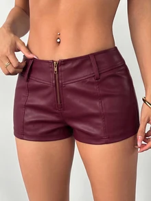 SHEIN PETITE Women's Solid Color Zipper Front Casual Shorts,Micro Shorts - Red Violet - View 8