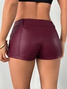 SHEIN PETITE Women's Solid Color Zipper Front Casual Shorts,Micro Shorts - Red Violet - View 2