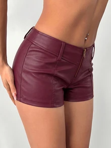 SHEIN PETITE Women's Solid Color Zipper Front Casual Shorts,Micro Shorts - Red Violet - View 4