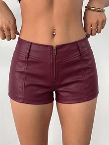 SHEIN PETITE Women's Solid Color Zipper Front Casual Shorts,Micro Shorts - Red Violet - View 6