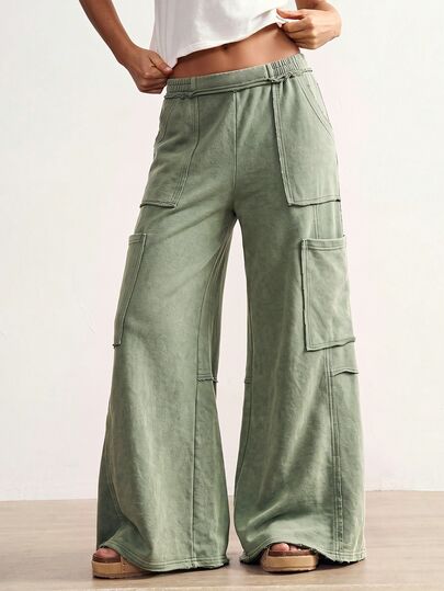 Bohemela Pantalones largos de pierna ancha casuales lavados para mujer