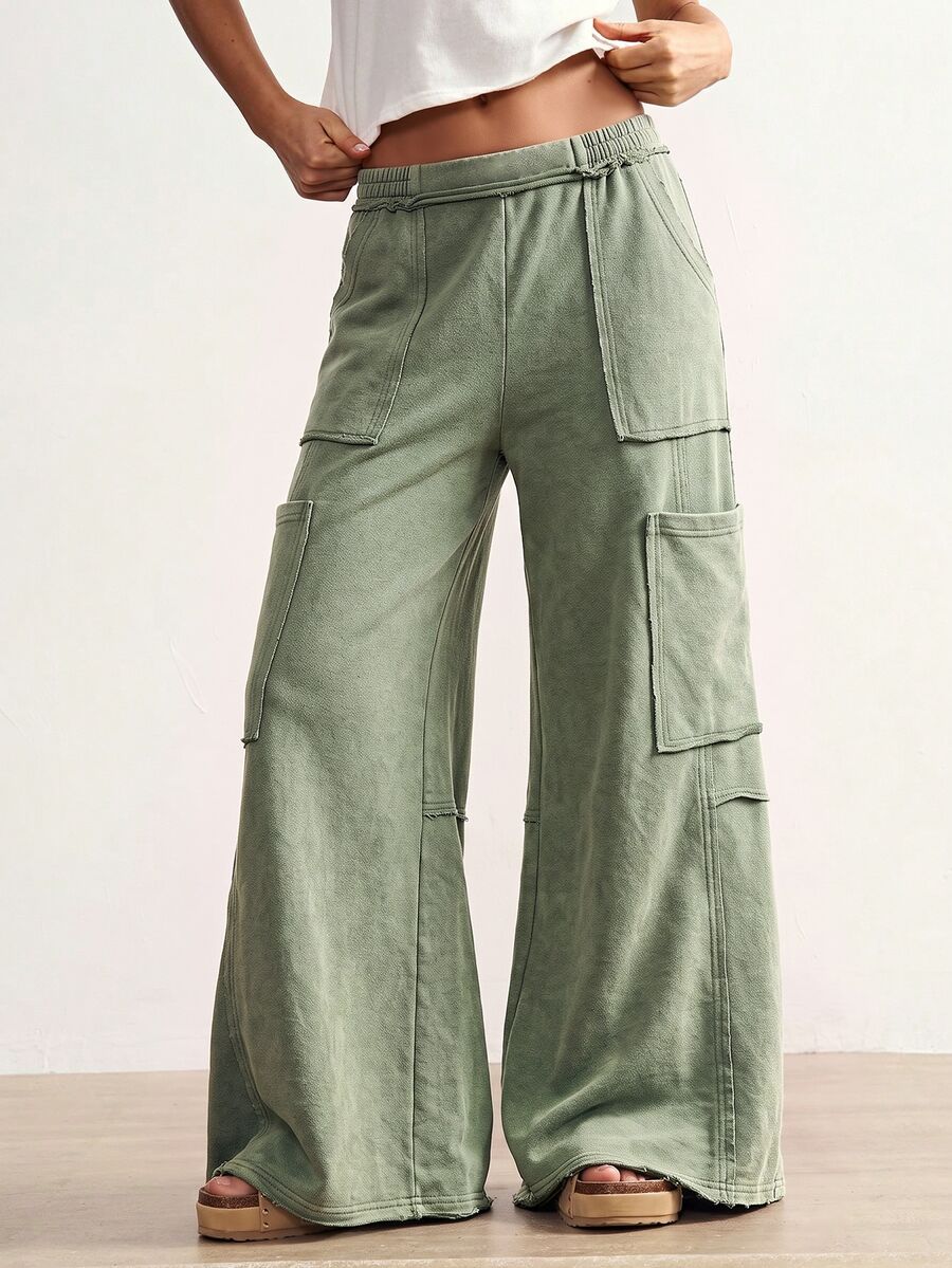 Bohemela Women's Casual Washed Wide Leg Long Pants - Green - View 1