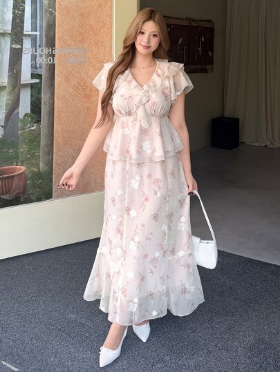 Bijouette Plus Size 2pcs/Set, Women's Floral Print Peter Pan Collar Blouse And Skirt Elegant 70's Casual Formal Summer Date Party Blue And White Wedding