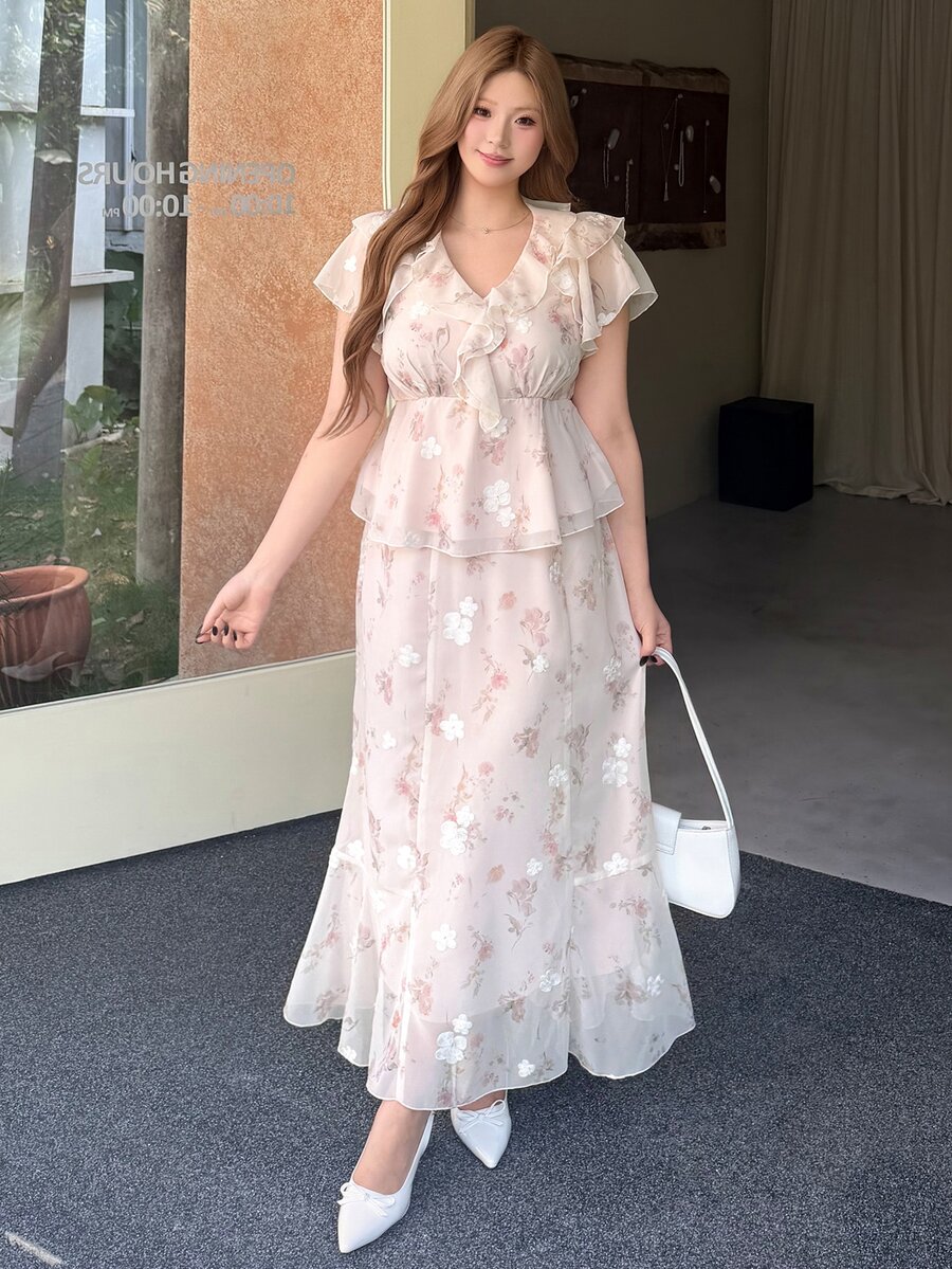 Bijouette 大尺碼女款花卉印花彼得潘領襯衫與裙子優雅兩件套