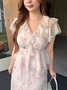 Bijouette 大尺碼女款花卉印花彼得潘領襯衫與裙子優雅兩件套 - 粉色 - 查看 3
