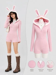 Elamini Autumn/Winter Pink Rabbit Ears V-Neck Zipper Fitted Elastic High-Stretch Long Sleeve Casual Sexy Cute Home Wear Pure Desire Ribbed Romper Halloween - Pink - View 5